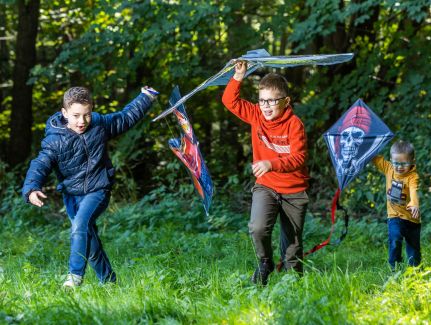 Drei Kinder spielen mit Drachen